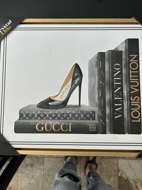 Designer Book Stack Wall Art with High Heel Accent - Black, Gold, Gray